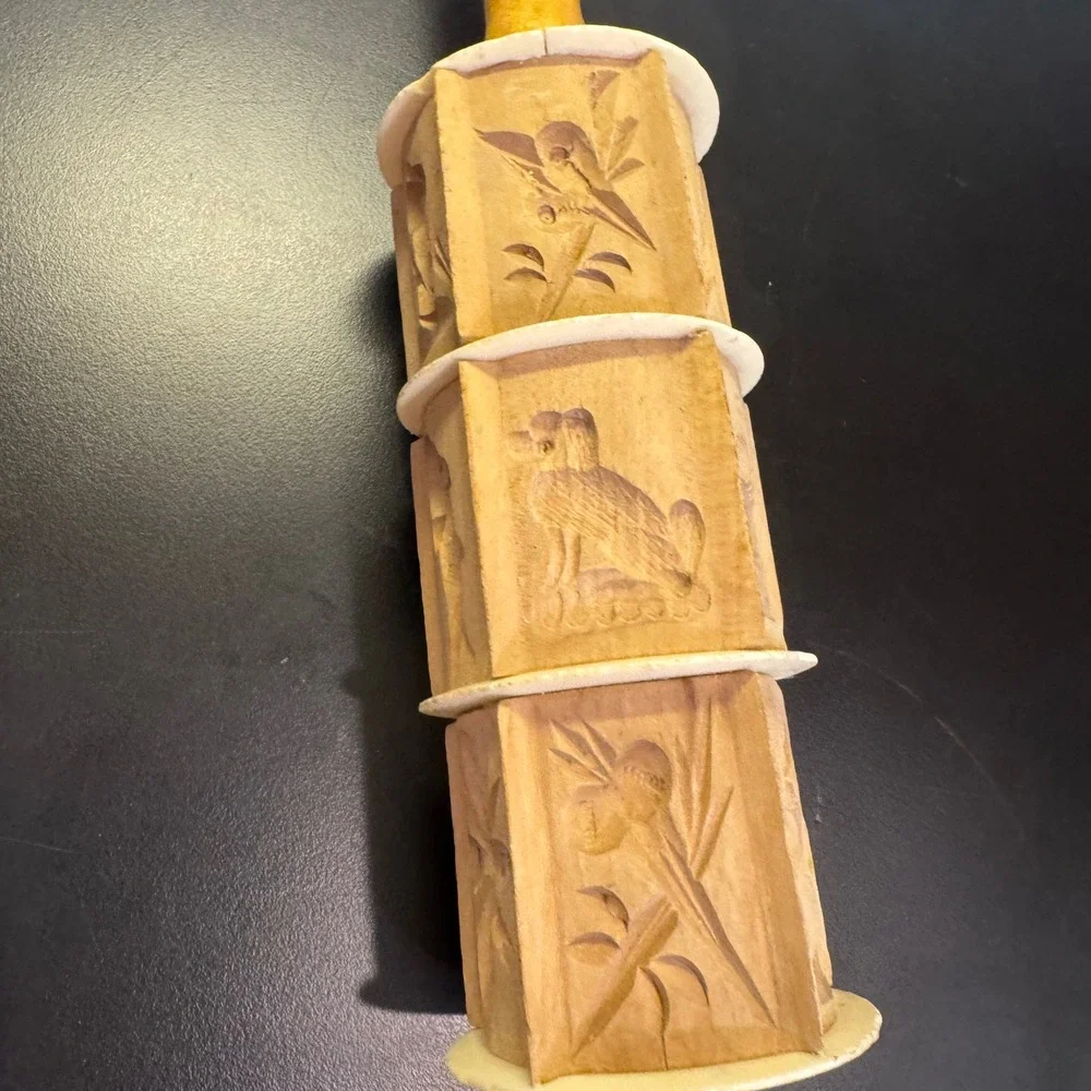 Decoration Only Springerle Rolling Pin Brown Wood Carved Bird Fruit Fish
